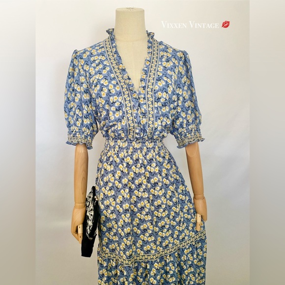 MAX STUDIO FLORAL PRINTED 'RUFFLE BUBBLE SLEEVE TIERED MAXI DRESS' IN PERIWINKLE - Picture 3 of 7